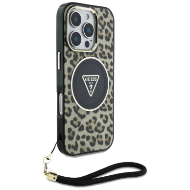 Guess HC IML Leopard Triangle Cord Strap MagSafe Dėklas skirtas iPhone 16 Pro - Rudas 2
