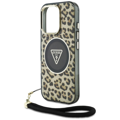 Guess HC IML Leopard Triangle Cord Strap MagSafe Dėklas skirtas iPhone 16 Pro - Rudas 4