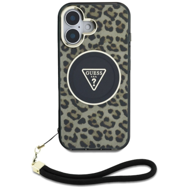 Guess HC IML Leopard Triangle Cord Strap MagSafe iPhone 16 Dėklas - Rudas 1 Guess HC IML Leopard Triangle Cord Strap MagSafe iPhone 16 Dėklas - Rudas 1