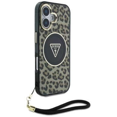 Guess HC IML Leopard Triangle Cord Strap MagSafe iPhone 16 Dėklas - Rudas 2