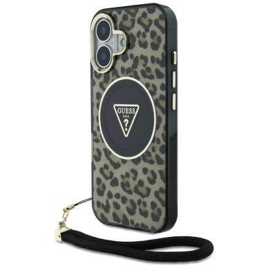 Guess HC IML Leopard Triangle Cord Strap MagSafe iPhone 16 Dėklas - Rudas