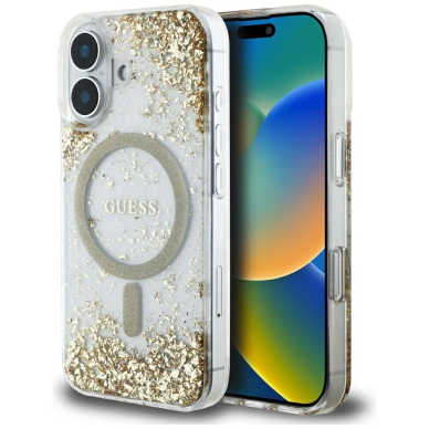 Guess HC Resin Bottom Glitter MagSafe Dėklas skirtas iPhone 16 - Auksinis