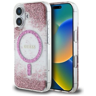 iPhone 16 dėklas Guess HC Resin Bottom Glitter, MagSafe – rožinis