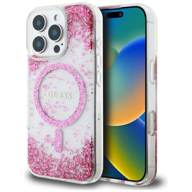iPhone 16 Pro – Guess HC Resin Bottom Glitter MagSafe dėklas - Rožinis