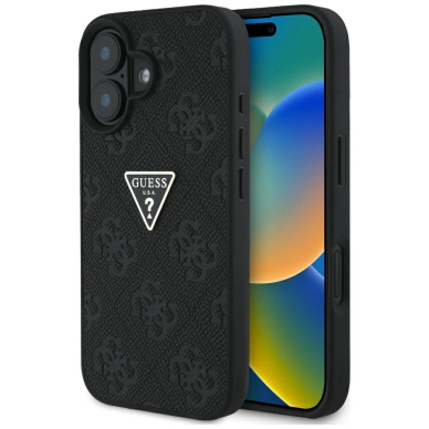 Guess Hot Stamp 4G Pattern Triangle Metal Logo Dėklas skirtas iPhone 16 - Juodas
