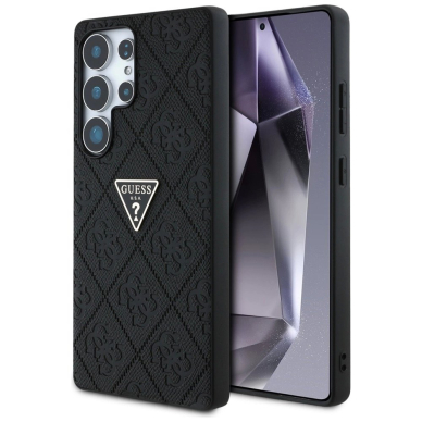 Samsung Galaxy S25 Ultra Guess Hot Stamp 4G Pattern Triangle Metal Logo dėklas - juodas