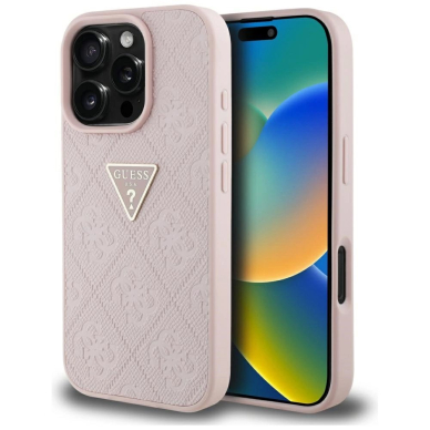 Guess Hot Stamp 4G Pattern Triangle Metal Logo iPhone 16 Pro Dėklas - Rožinis