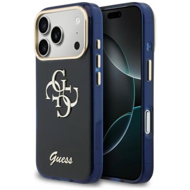 iPhone 17 Pro Max Guess IML 4G Script Metal dėklas – mėlynas iPhone 17 Pro Max Guess IML 4G Script Metal dėklas – mėlynas