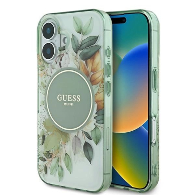 iPhone 16 Plus – Guess IML Flower & Tonal Circle MagSafe dėklas - Žalias