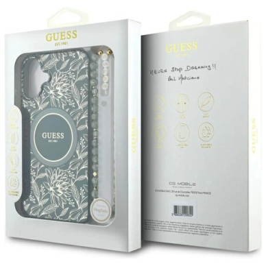 iPhone 16 Guess IML Flowers Allover Electro su perlų dirželiu MagSafe dėklas - žalias 6 iPhone 16 Guess IML Flowers Allover Electro su perlų dirželiu MagSafe dėklas - žalias 6