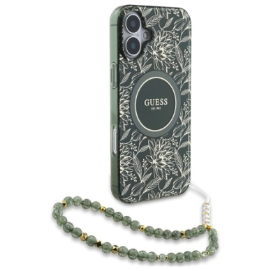 iPhone 16 Plus – Guess IML Flowers Allover Electro With Pearl Strap MagSafe dėklas - Žalias 2