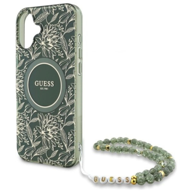 iPhone 16 Plus – Guess IML Flowers Allover Electro With Pearl Strap MagSafe dėklas - Žalias 4