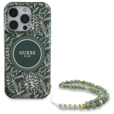 iPhone 16 Pro Max Guess IML Flowers Allover Electro su perlų dirželiu MagSafe dėklas - žalias 1