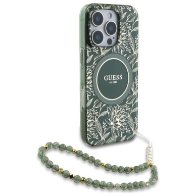 iPhone 16 Pro Max Guess IML Flowers Allover Electro su perlų dirželiu MagSafe dėklas - žalias 2