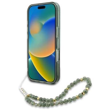 iPhone 16 Pro Max Guess IML Flowers Allover Electro su perlų dirželiu MagSafe dėklas - žalias 3