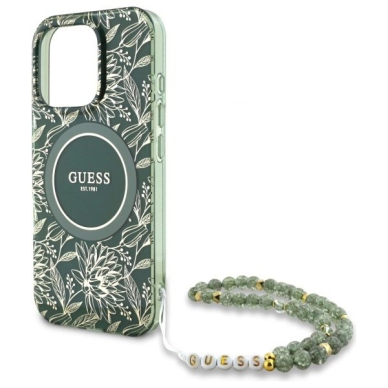 iPhone 16 Pro Max Guess IML Flowers Allover Electro su perlų dirželiu MagSafe dėklas - žalias 4