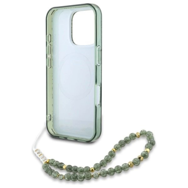 iPhone 16 Pro Max Guess IML Flowers Allover Electro su perlų dirželiu MagSafe dėklas - žalias 5