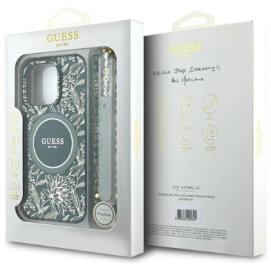 iPhone 16 Pro Max Guess IML Flowers Allover Electro su perlų dirželiu MagSafe dėklas - žalias 6