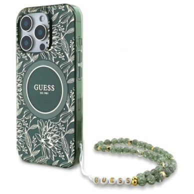 iPhone 16 Pro Max Guess IML Flowers Allover Electro su perlų dirželiu MagSafe dėklas - žalias iPhone 16 Pro Max Guess IML Flowers Allover Electro su perlų dirželiu MagSafe dėklas - žalias