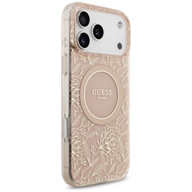 iPhone 17 Pro Max Guess IML Flowers Electro Pearl Strap MagSafe dėklas – rožinis 3