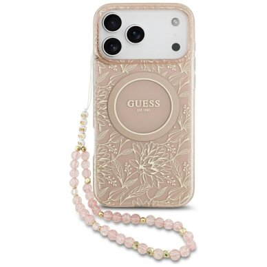 iPhone 17 Pro Max Guess IML Flowers Electro Pearl Strap MagSafe dėklas – rožinis