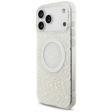 iPhone 17 Pro Max Guess IML Flowers Electro Pearl Strap MagSafe dėklas – baltas 2
