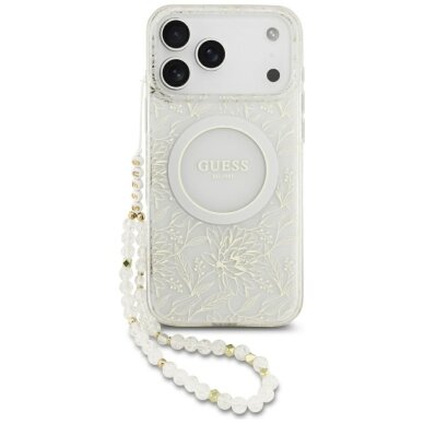 iPhone 17 Pro Max Guess IML Flowers Electro Pearl Strap MagSafe dėklas – baltas