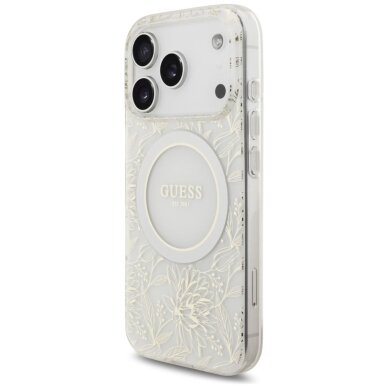 iPhone 17 Pro Guess IML Flowers Electro Pearl Strap MagSafe dėklas – baltas 2