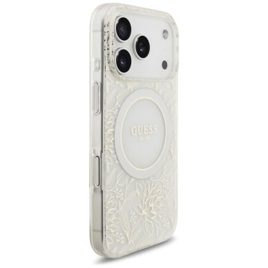 iPhone 17 Pro Guess IML Flowers Electro Pearl Strap MagSafe dėklas – baltas 3
