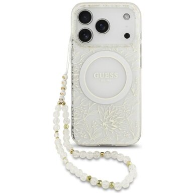 iPhone 17 Pro Guess IML Flowers Electro Pearl Strap MagSafe dėklas – baltas