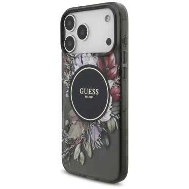 iPhone 17 Pro Max Guess IML Flowers Pearl Strap MagSafe dėklas – juodas 2