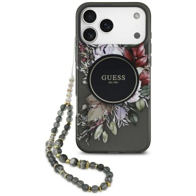 iPhone 17 Pro Max Guess IML Flowers Pearl Strap MagSafe dėklas – juodas iPhone 17 Pro Max Guess IML Flowers Pearl Strap MagSafe dėklas – juodas