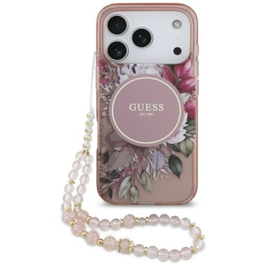 iPhone 17 Pro Guess IML Flowers Pearl Strap MagSafe dėklas – rožinis