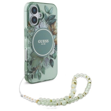 iPhone 16 Plus – Guess IML Flowers With Pearl Strap MagSafe dėklas - Žalias 2