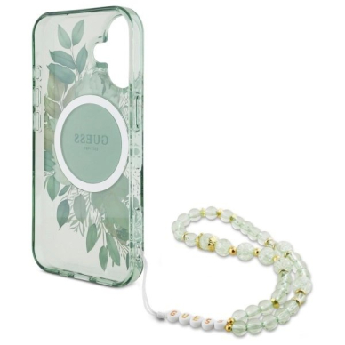 iPhone 16 Plus – Guess IML Flowers With Pearl Strap MagSafe dėklas - Žalias 5