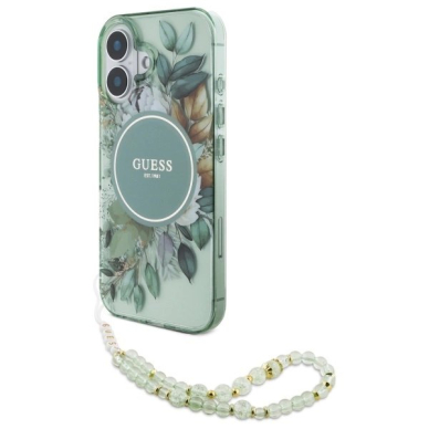 iPhone 16 Plus – Guess IML Flowers With Pearl Strap MagSafe dėklas - Žalias