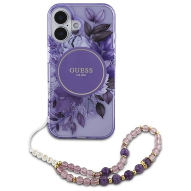 iPhone 16 Plus – Guess IML Flowers su perlų dirželiu MagSafe dėklas - Violetinis 1