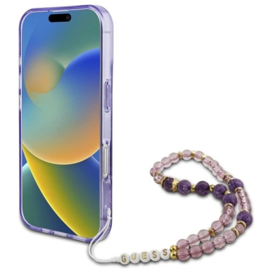 iPhone 16 Plus – Guess IML Flowers su perlų dirželiu MagSafe dėklas - Violetinis 3