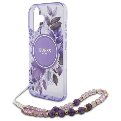 iPhone 16 Plus – Guess IML Flowers su perlų dirželiu MagSafe dėklas - Violetinis 4