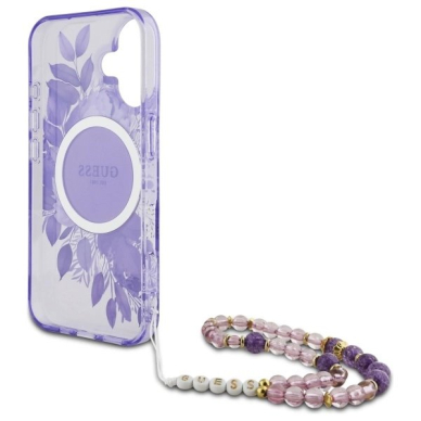iPhone 16 Plus – Guess IML Flowers su perlų dirželiu MagSafe dėklas - Violetinis 5