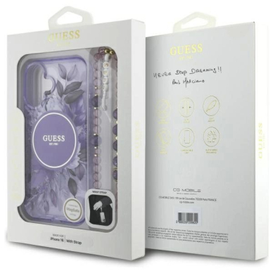 iPhone 16 Plus – Guess IML Flowers su perlų dirželiu MagSafe dėklas - Violetinis 6
