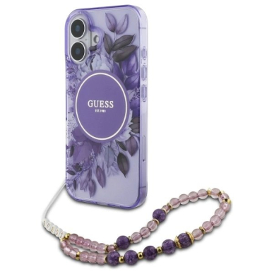 iPhone 16 Plus – Guess IML Flowers su perlų dirželiu MagSafe dėklas - Violetinis iPhone 16 Plus – Guess IML Flowers su perlų dirželiu MagSafe dėklas - Violetinis