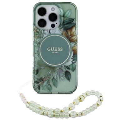 iPhone 16 Pro – Guess IML Flowers su perlų dirželiu MagSafe dėklas - Žalias 1