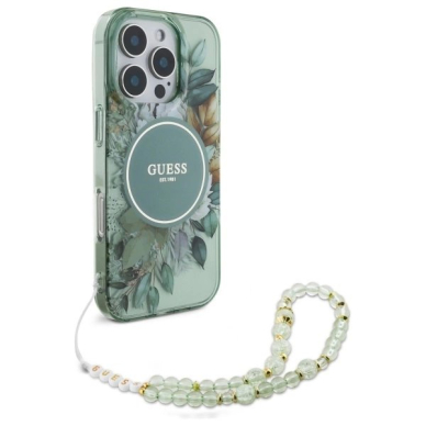 iPhone 16 Pro – Guess IML Flowers su perlų dirželiu MagSafe dėklas - Žalias 2