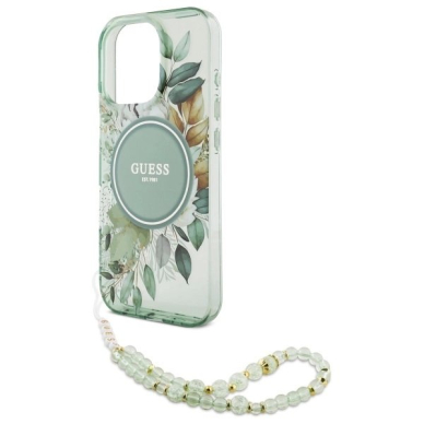 iPhone 16 Pro – Guess IML Flowers su perlų dirželiu MagSafe dėklas - Žalias 4