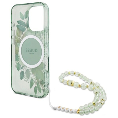 iPhone 16 Pro – Guess IML Flowers su perlų dirželiu MagSafe dėklas - Žalias 5