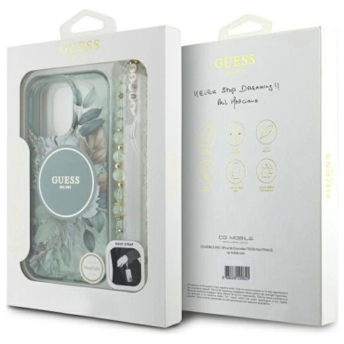 iPhone 16 Pro Guess IML Flowers su perlų dirželiu MagSafe dėklas – žalias 6