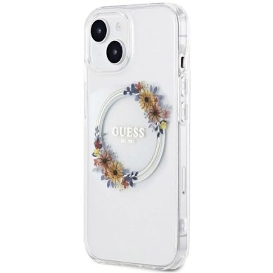 iPhone 15 / 14 / 13 Guess IML Flowers Wreatch MagSafe dėklas - permatomas 1