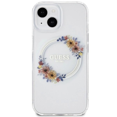 iPhone 15 / 14 / 13 Guess IML Flowers Wreatch MagSafe dėklas - permatomas 2