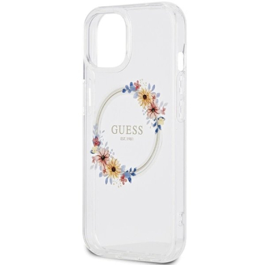 iPhone 15 / 14 / 13 Guess IML Flowers Wreatch MagSafe dėklas - permatomas 5